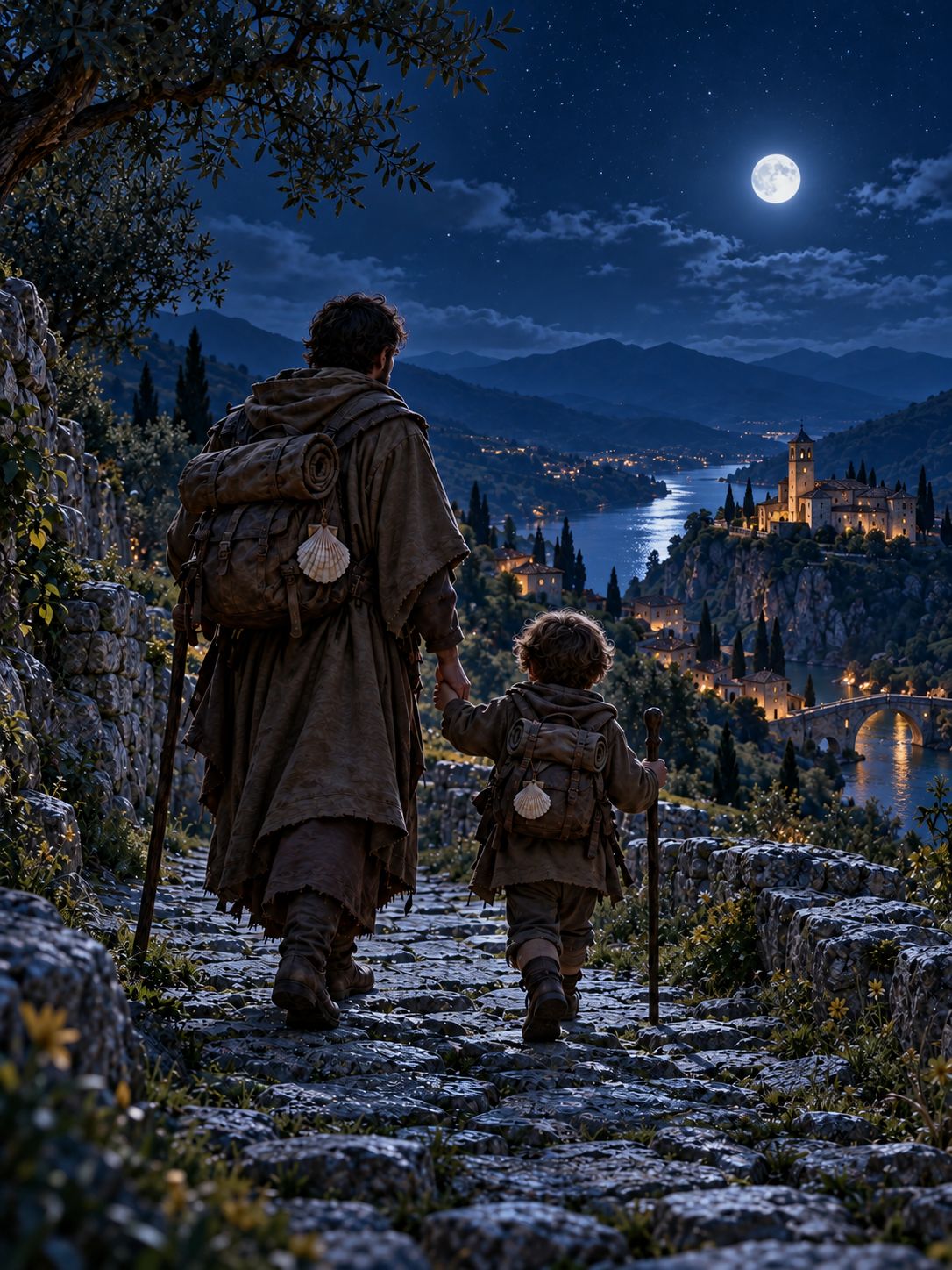 The pilgrim walking down a moonlit stone path holding the hand of a small child who carries a little backpack and staff