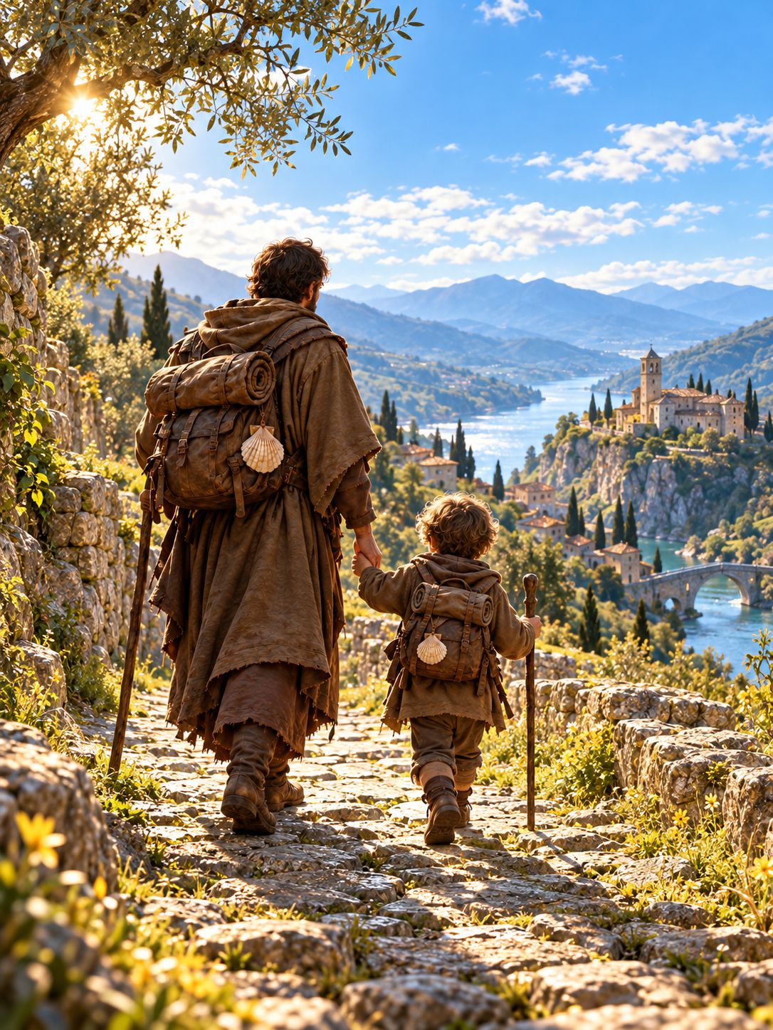 The pilgrim and the child walking hand in hand in daylight